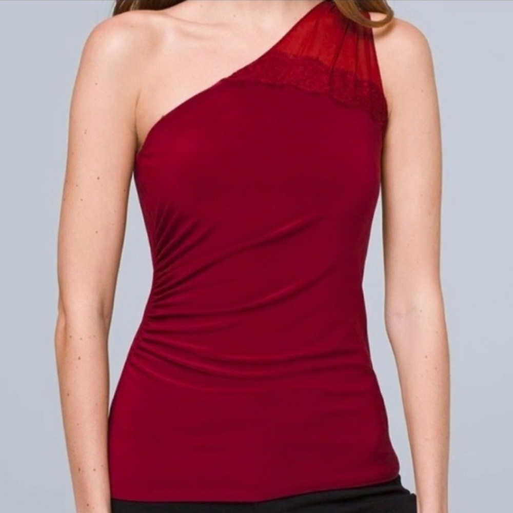 White House Black Market Red One Shoulder Blouse with Lace Trim SZ L